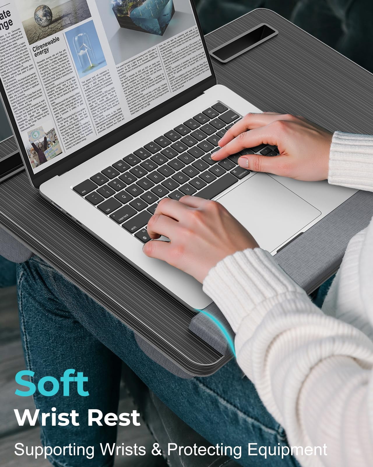 Lap Desk - Up To 17" Laptop With Wrist Rest  Portable Handle 2 Self-adhesive Pvc Mouse Pads Tablet & Phone Slots Stand For Bed Cushion (black)