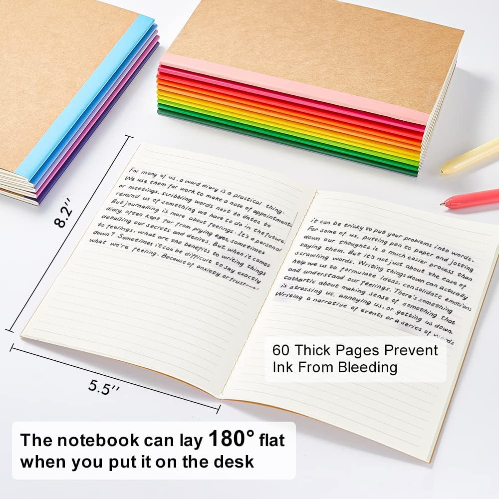 16 Pack Composition Notebooks Bulk, Kraft Cover Lined Blank College Ruled Composition Travel Journals with Rainbow Spines For Women Students Business, 60 Pages, 8.3”x 5.5”, A5, 16 Colors