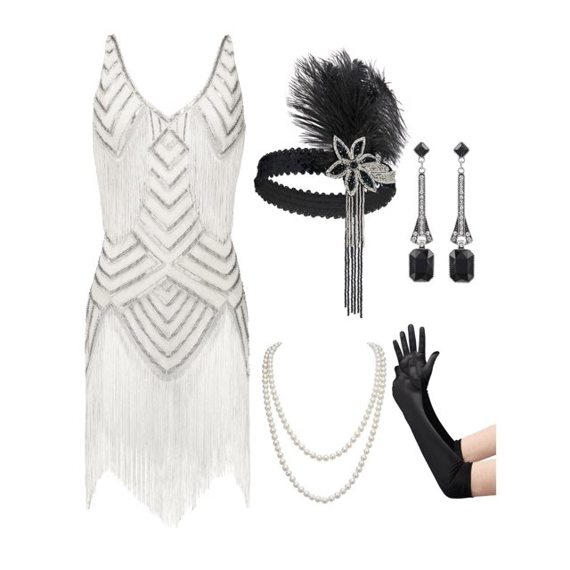 Vestido tipo flapper SWEETV, conjunto de disfraz de Gran Gatsby de los años 20, blanco
