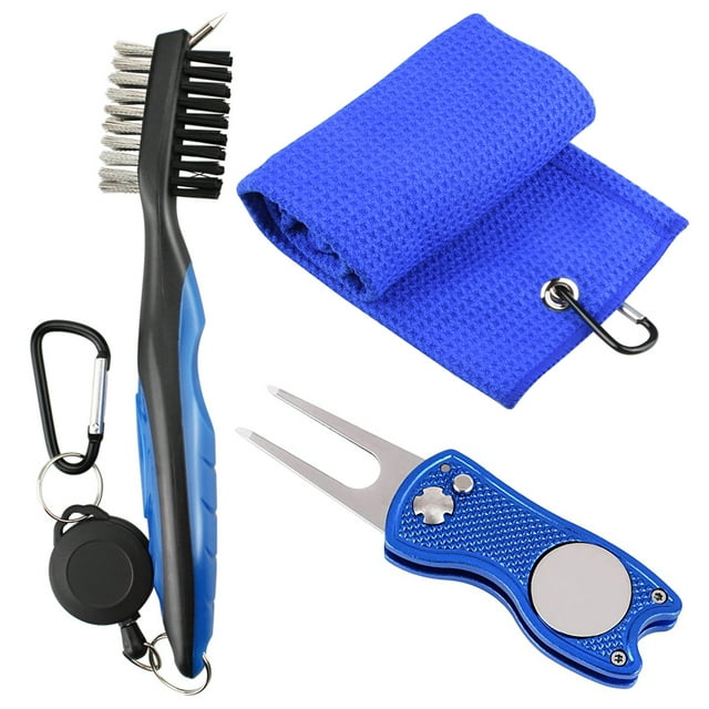 Golf Towel Microfiber Waffle Pattern Golf Brush Tool Kit With Club Groove Cleaner Golf Divot Repair Tool Golf Accessories Blue