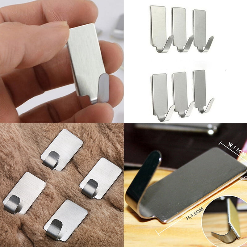 6x Adhesive Kitchen Wall Door Stainless Steel Square Stick Holder Hooks Hang Gk 
