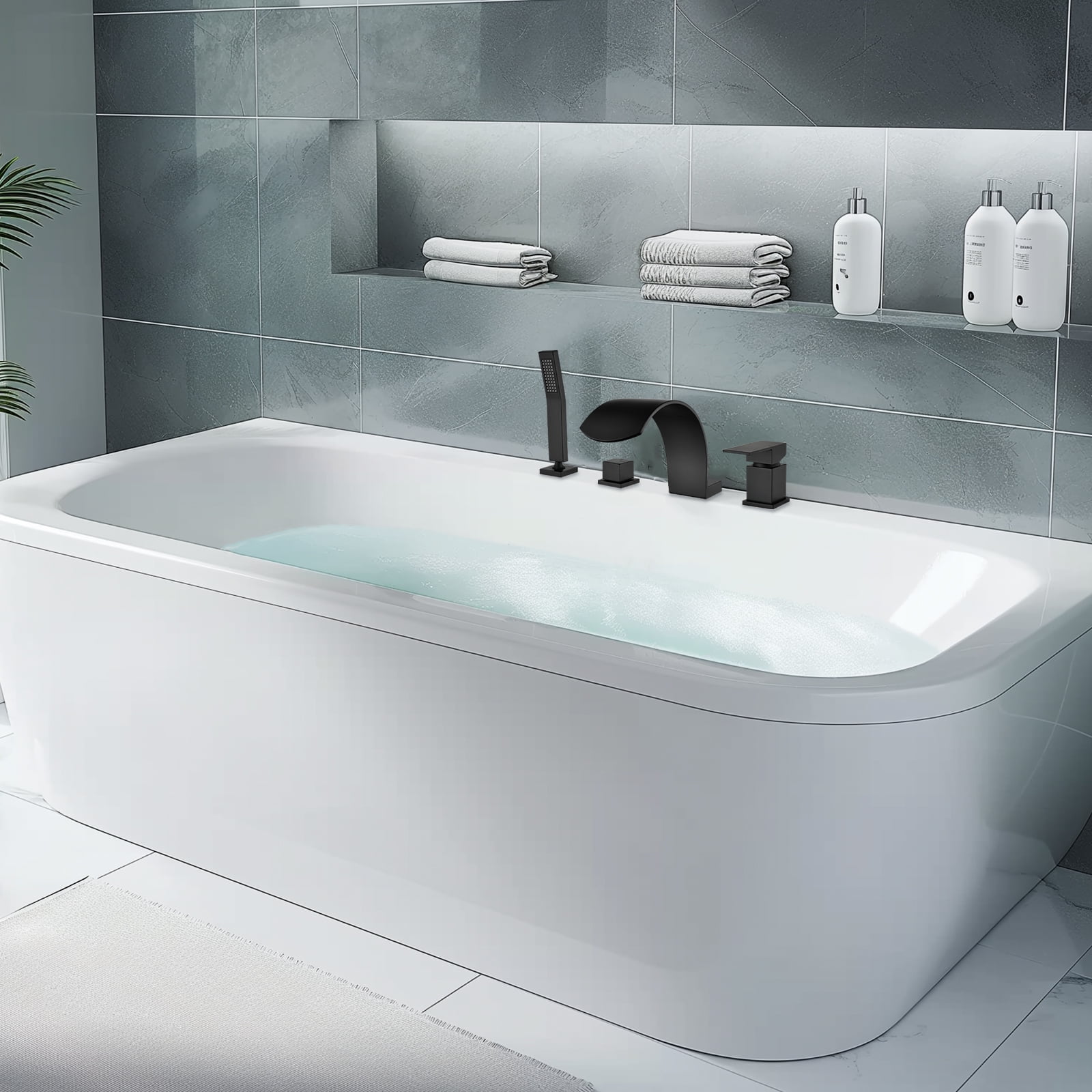 Cobbe Bathroom Bathtub Shower Faucet Set with Handheld Sprayer and 3.78-Inch Wide Tub Spout Single Handle 4-Hole Mount Matte Black
