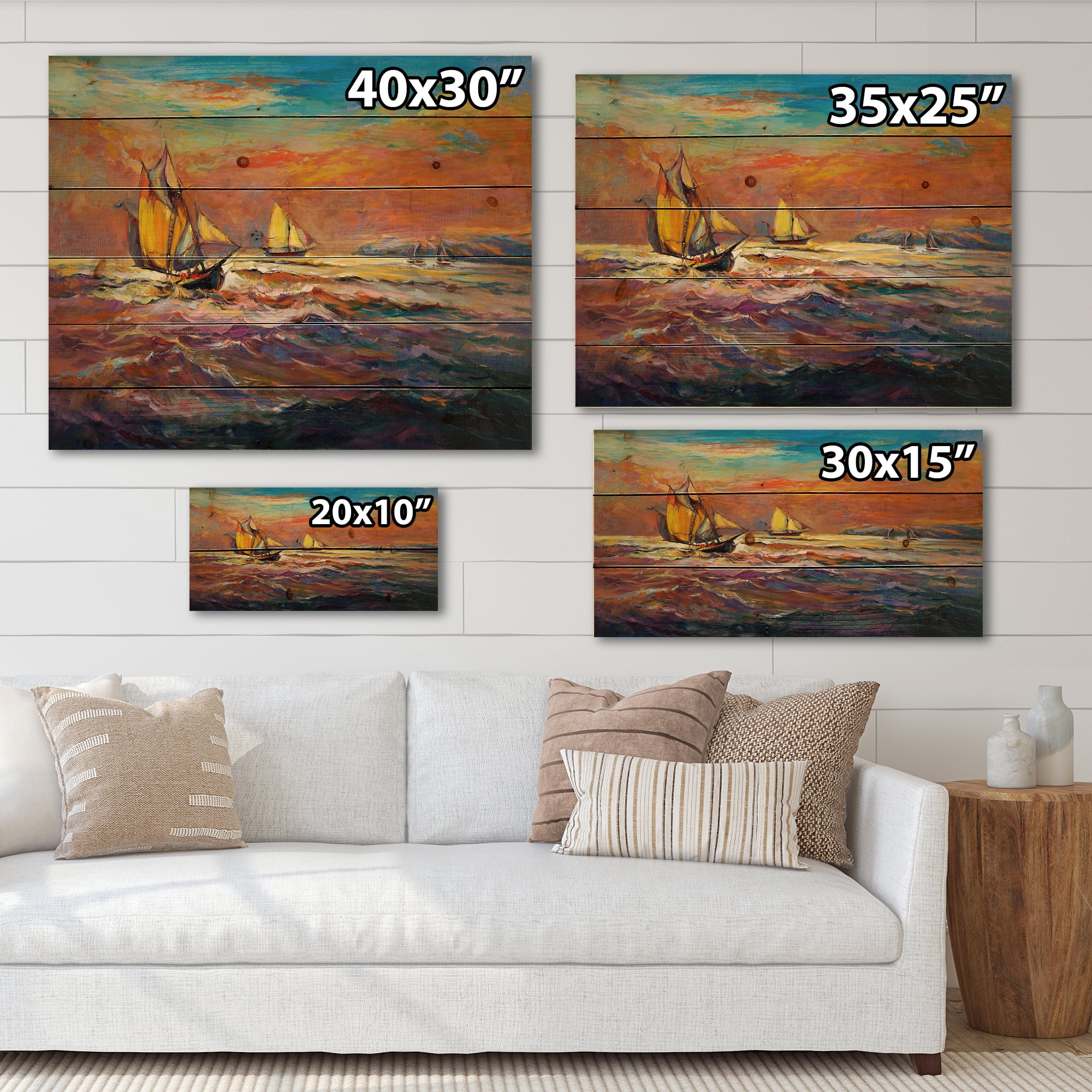Designart 'Sailships On The Ocean Waves During Orange Evening Glow' Nautical & Coastal Print on Natural Pine Wood