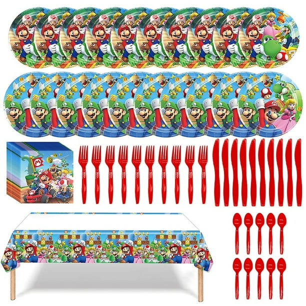 Super Mario Bros Suministros para fiestas de cumpleaños Decoraciones Kit de vajilla Incluye platos de Mario Servilletas Mantel Tenedores Cuchillos Juego de cucharas