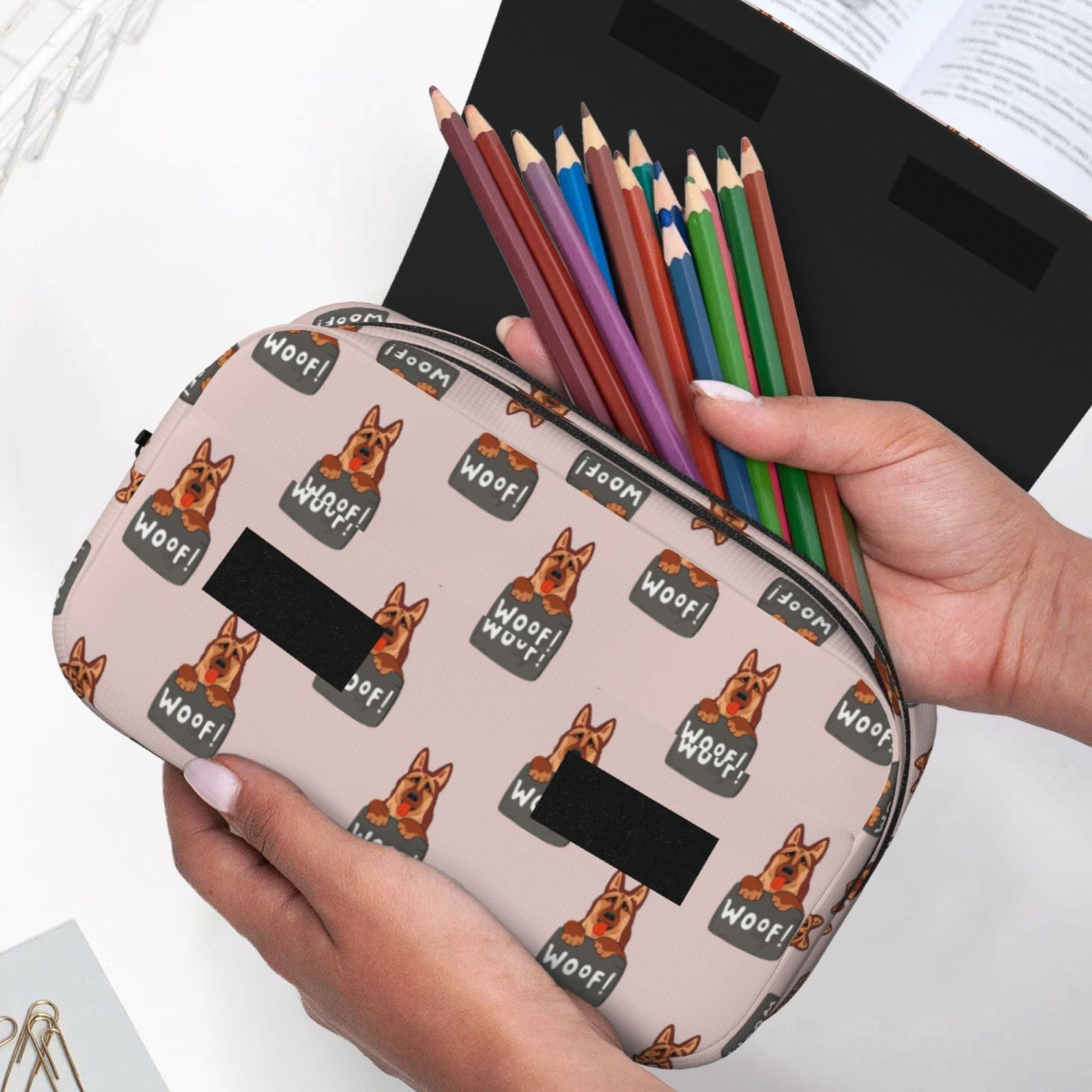 Rateoe German Shepherd Dog Pattern Double Clamshell Pen Case, Storage Organizer with Two Zipper Compartments– Holds Up to 50 Pencils & Pens