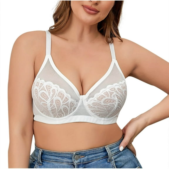 Bigersell Women Plus Size Wireless Bras - Soft E Cup Bras Lace Mesh T-Shirt Bras Comfort Push up Bras No Underwire Padded Bralette, B12-12, White, 110D