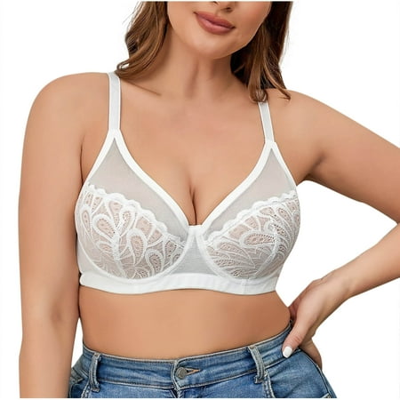 Ousvtion on Sale Seamless Mesh Lace Bras for Womens Full Coverage Bralette No Underwire Wireless Bra with Support and Lift Deep V Bralettes Clearance White 95E