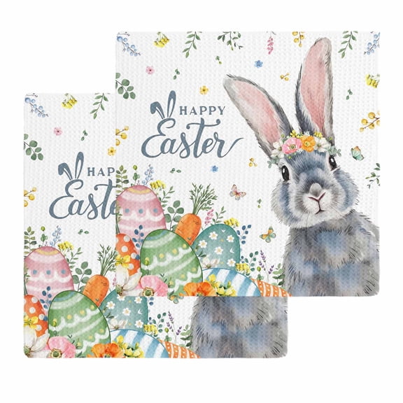 Easter Kitchen Dish Towels for Drying Dishes Set of 2, Easter Grey Bunny Spring Watercolor Eggs Butterflies Waffle Weave Microfiber Hand Tea Bathroom Towels Quick Dry & Absorbent Towel 12x12