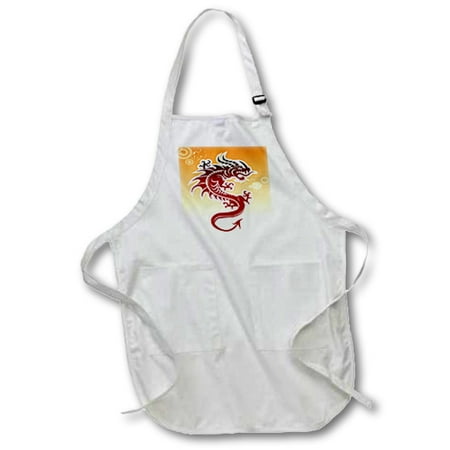3dRose Asian Dark Red Dragon On Orangy Background, Medium Length Apron, 22 by 24-inch, With Pouch Pockets