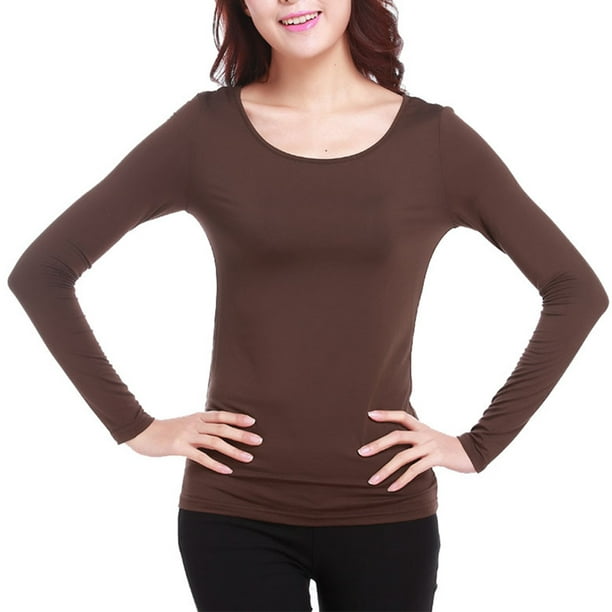 keepw Undershirt Warm Breathable Plain Basic Pullover Ladies Stretchable  T-Shirt Top Elastic Casual Style Underwear for Female Coffee Color 