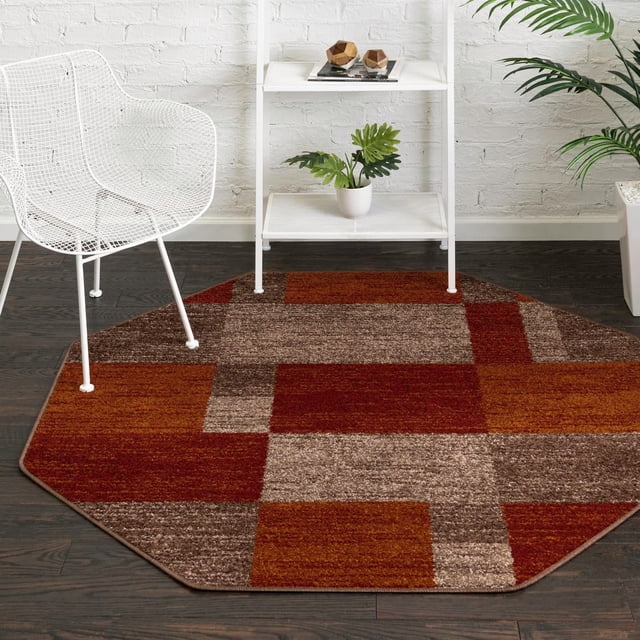 Unique Loom Autumn Collection Modern Contemporary Casual Abstract Area Rug (Multi/ Dark Brown Checkered, 5 ft 0 x 5 ft 0 Octagon)