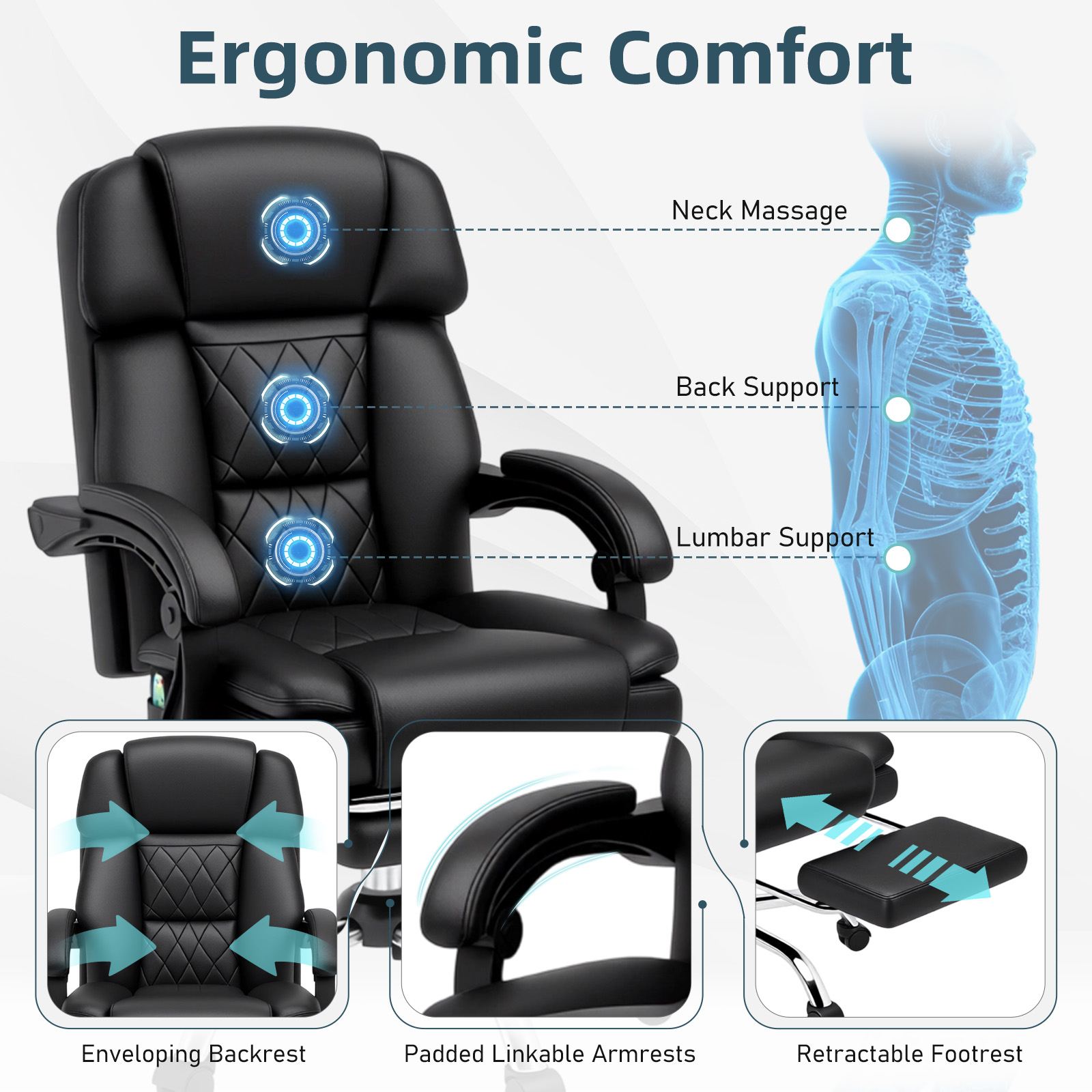 6-Point Massage Office Chair with Heat, Ergonomic Reclining Desk Chair with Footrest, PU Leather Executive Chairs for Home Office, Massaging Computer Chair Gift for Men, Black
