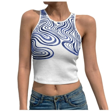 

CYMMPU Women Clothing Women s Sexy Bustier Sleeveless Summer Shirts Round Neck Tank Cami Vest Slim Fit Crop Tops Streetwear Cropped Tank Blue