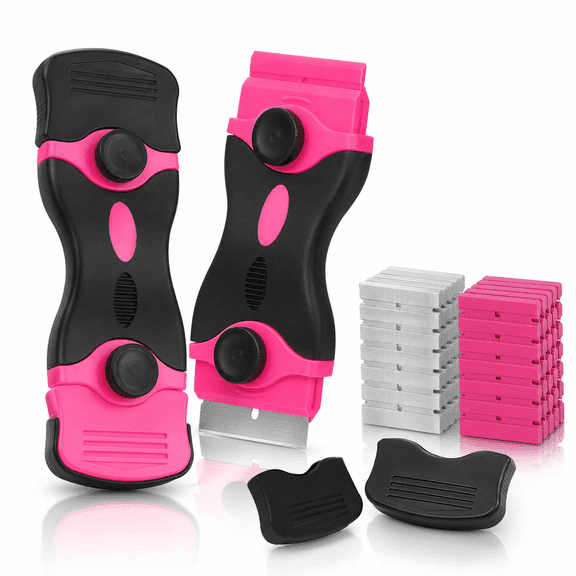 Razor Blade Scraper - Pink Razor Scraper Gift for Women,2-in-1 Scraper Tool Set with 20Pcs Razor Blades for Removing Window Labels,Decals,Stickers,Glass Stove Top (2 Pack)