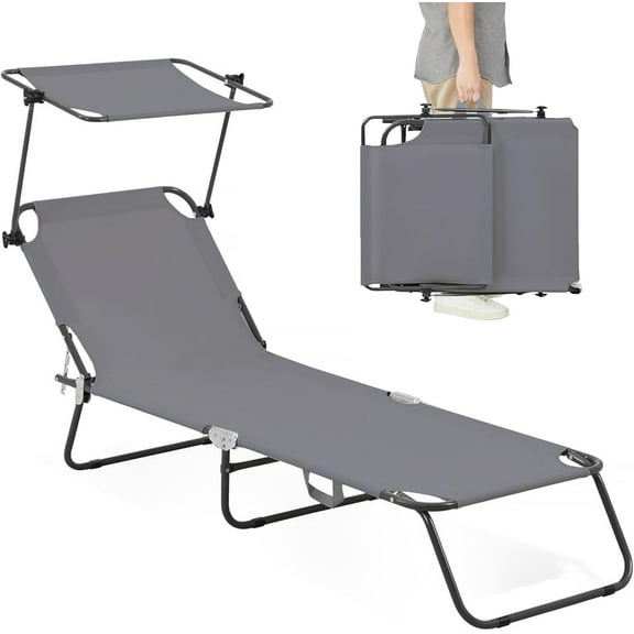 Folding Outdoor Lounge Chair with Canopy - Portable & Adjustable Beach Lounge Chair - 5-Positions, Carry Handles, 600D Fabric, 265 lbs Capacity – Tanning Chaise Lounge for Beach, Patio, Lawn