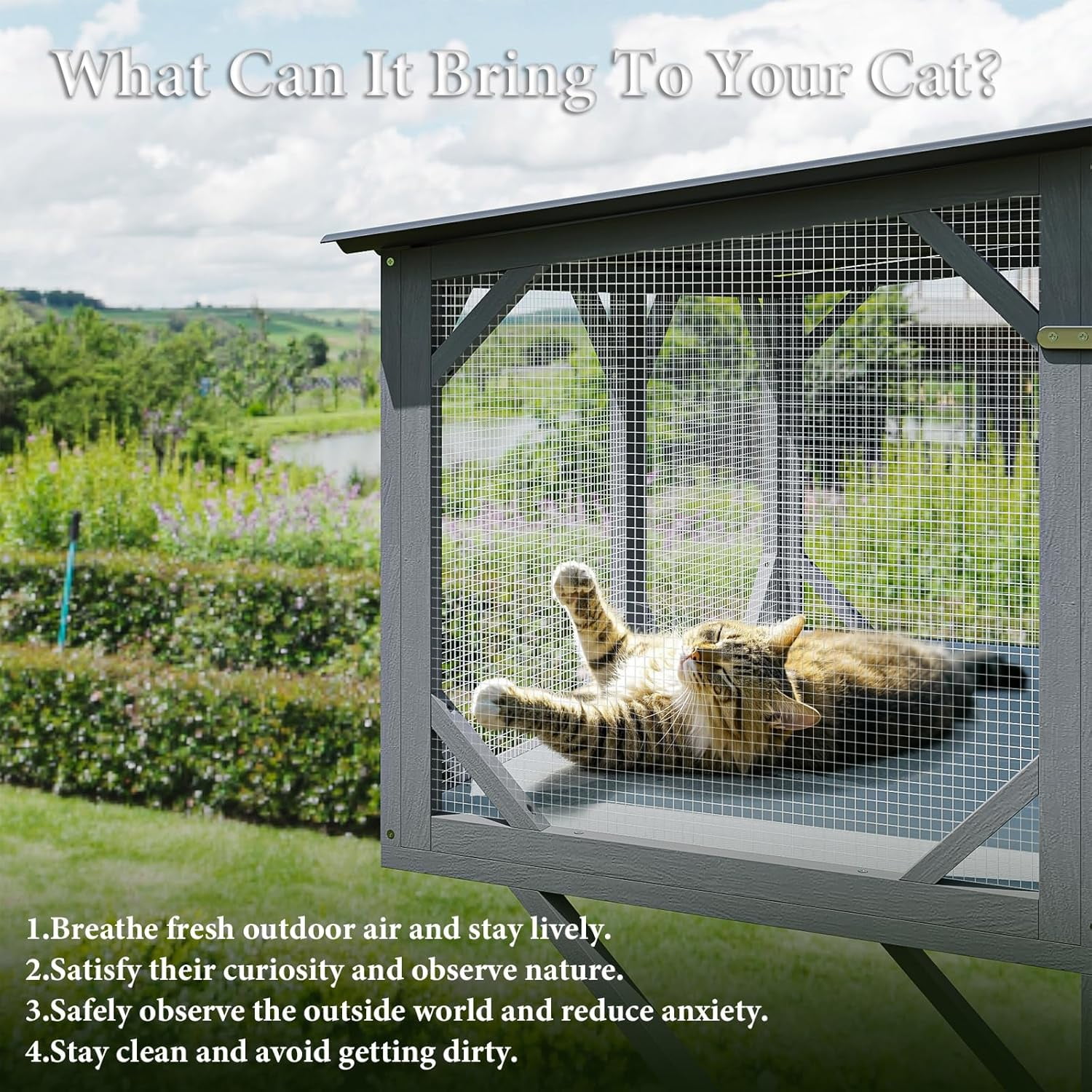 Cat Window Box, 43.3" Catio Outdoor Cat Enclosure for Sunbathing, Napping & Overlooking, Sturdy Window Perch for Large Indoor Cats - All Weather Use, Nature Friendly Design