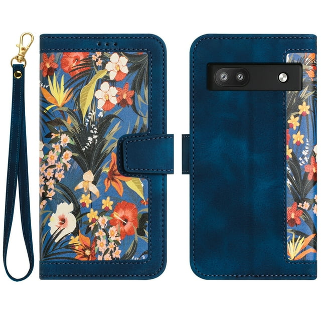 Compatible with Google Pixel 6A Vintage Flower Wallet Case Magnetic Closure Cover with Card Slots