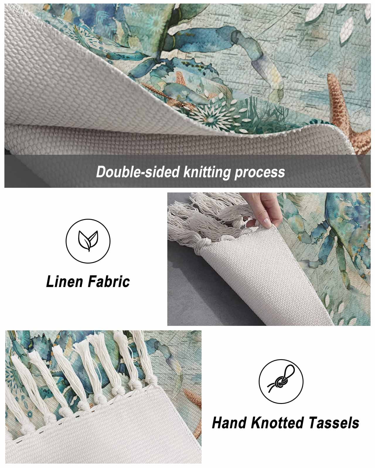 Coastal Crab Bath Rug 2x3ft Woven Bathroom Entryway Runner Rug,Teal Nautical Beach Starfish Vintage Washable Living Room Hallway Bedroom Kitchen Carpet with Tassels,Indoor Outdoor Throw Doormat