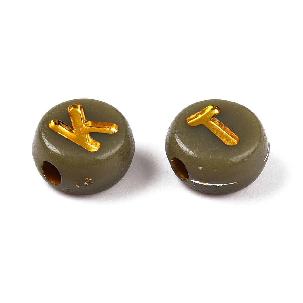 Plating Acrylic Beads with Metal Enlaced Flat Round with Letter Dark Khaki 7x4mm Hole: 1.6mm about 3330pcs/500g