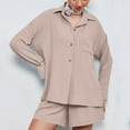 thumbnail image 6 of AINIYS Womens Two Piece Long Sleeve Shirts Sets Outfits Button Down Loose Shirt Short Pants Fall Set Khaki L, 6 of 9
