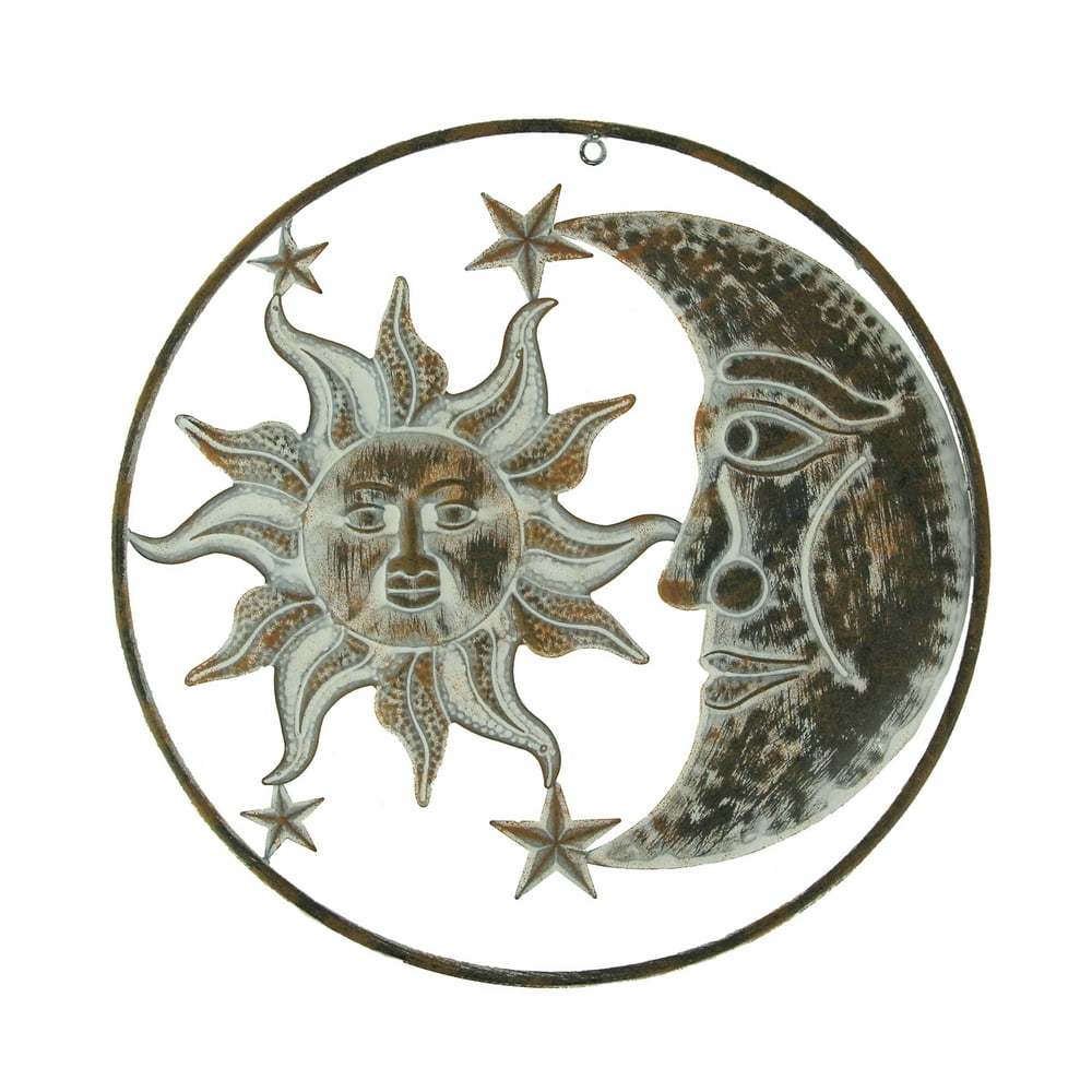 Rusty White Metal Art Indoor Outdoor Celestial Sun Moon and Stars Wall