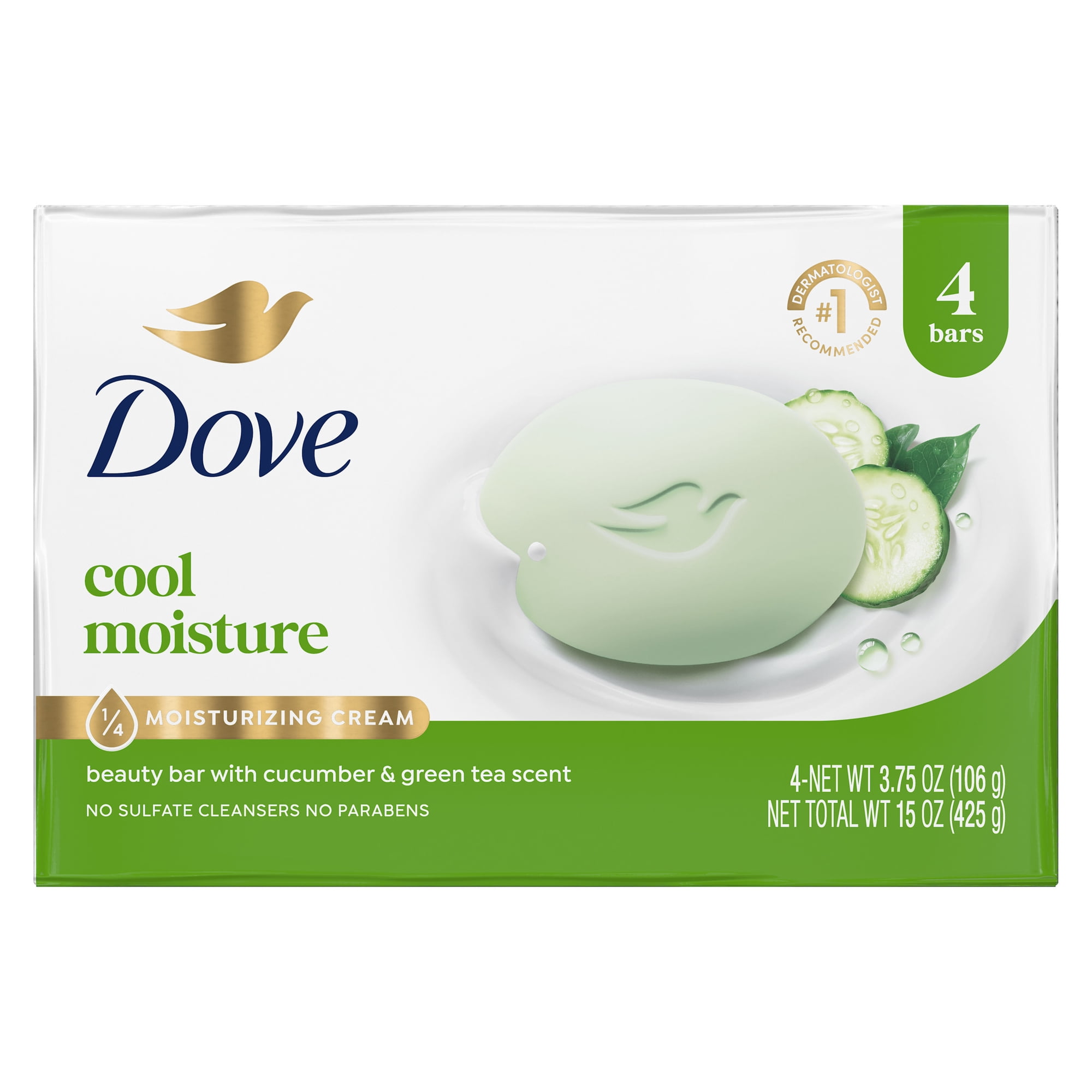 Dove Beauty Bar Soap For Refreshed Skin, Cool Moisture Cucumber & Green Tea Scent, Leaves Skin Refreshed , 3.75 oz 4 Bars