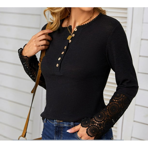 Vafful Womens V Neck Henley Shirts Long Sleeves Tunic Lace Tops Ribbed