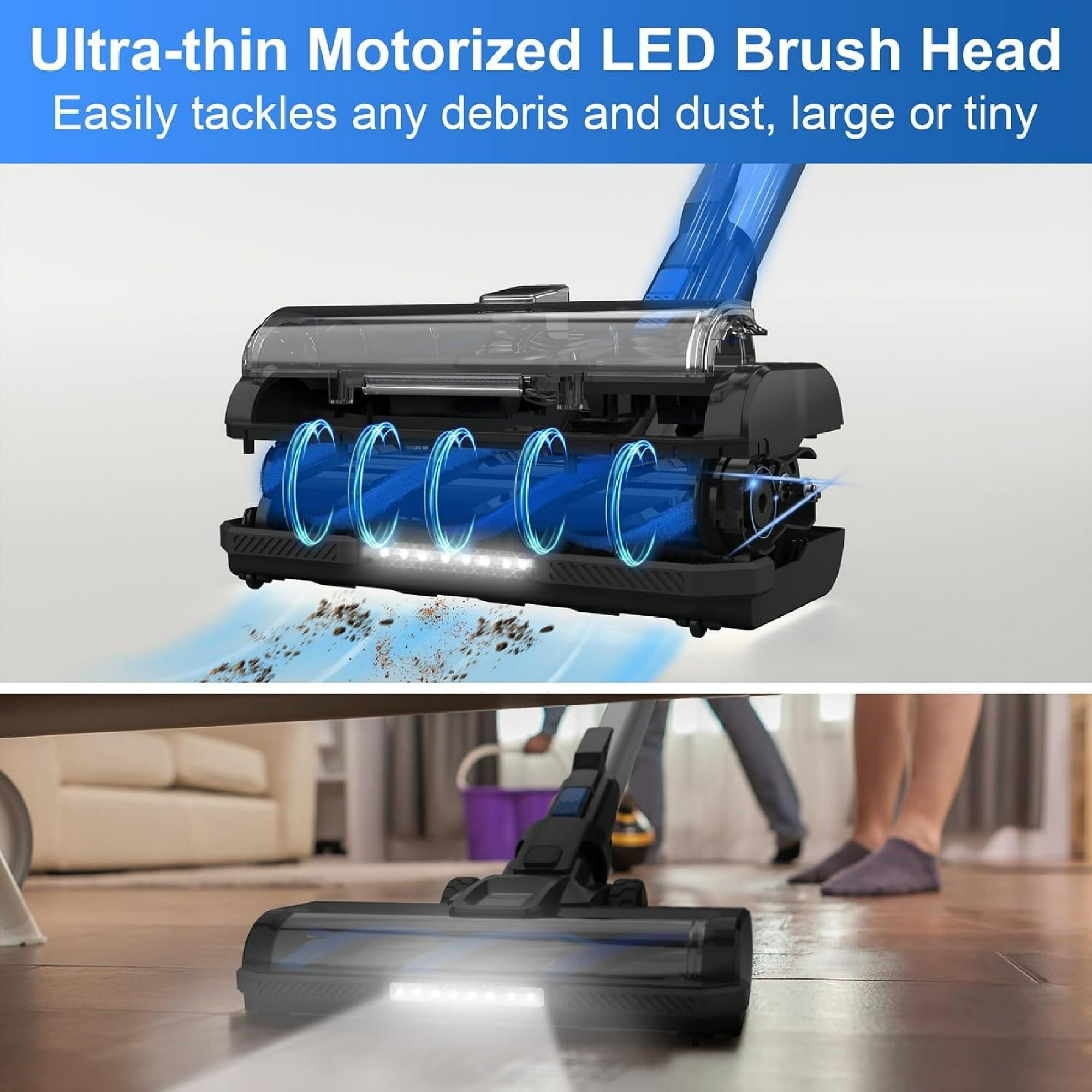Cordless Vacuum Cleaner,30Kpa 60min Runtime Lightweight Stick Vacuum,8 in1 Self-Standing,Rechargeable Vacuum Cleaners for Pet Hair,Carpet,Hardwood Floor V870(Blue)
