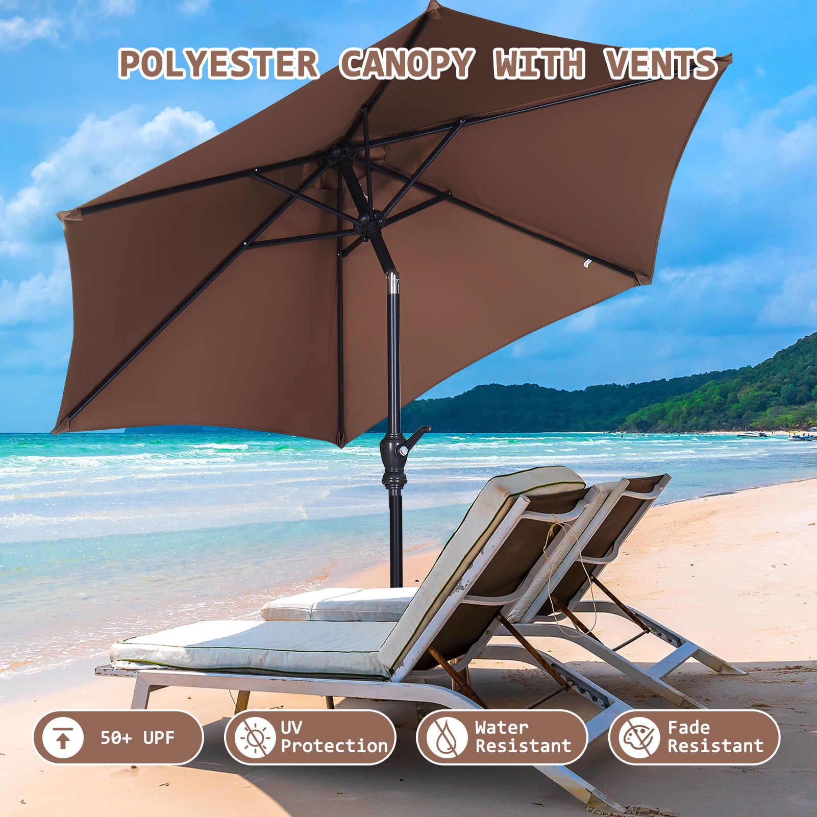 Autlaycil 7.5ft Brown Outdoor Patio Umbrella with Tilt, Crank and Sturdy Ribs for Lawn, Garden, Backyard and Pool