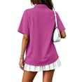 thumbnail image 3 of Women Pocket Lapel Short Sleeve Polo Shirt, Loose Side Slit Double Yarn Polyester Casual Button Top(Deep Red3XL), 3 of 7
