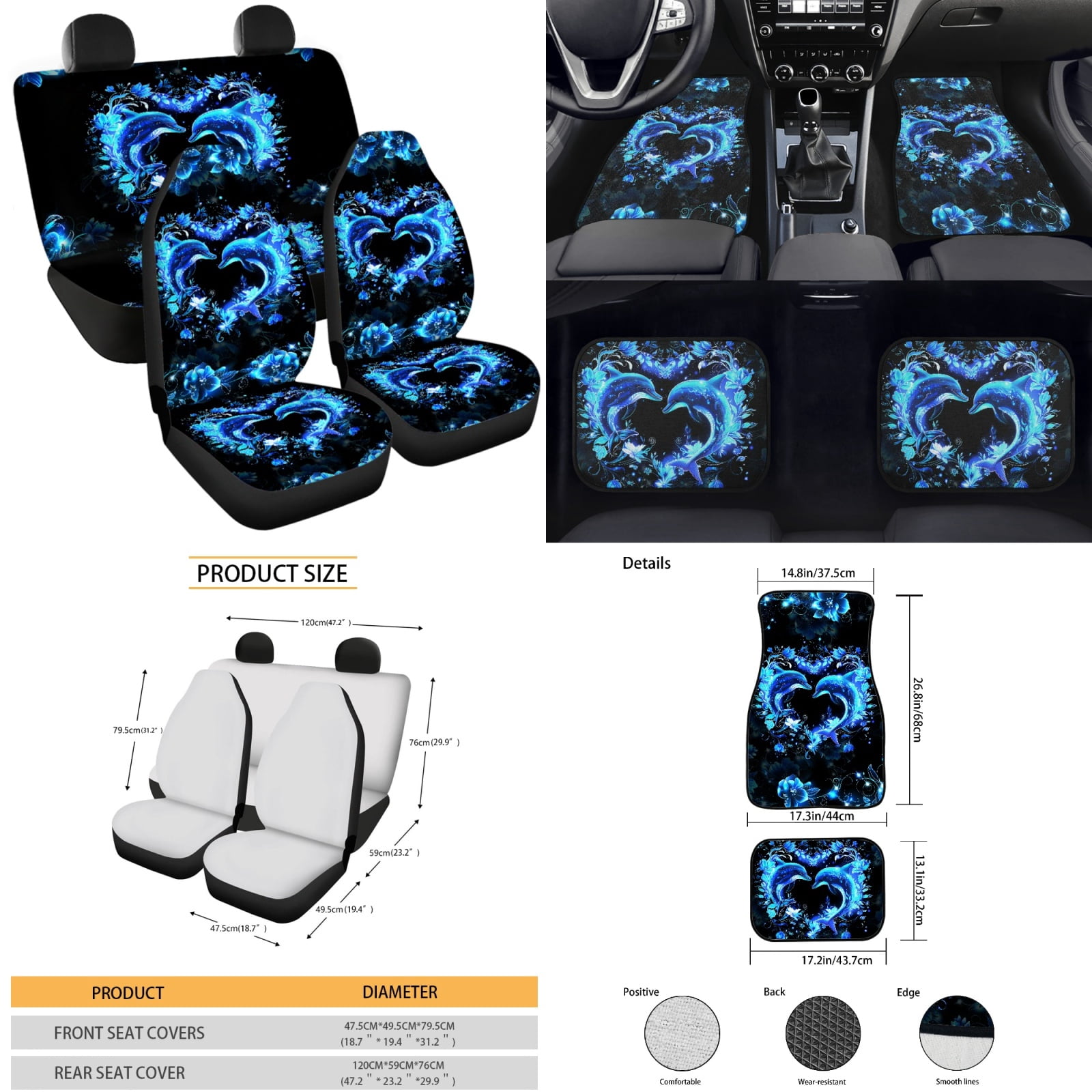 Yuyamidu 15 Pack Blue Dolphin Car Seat Covers Set with Floor Mats Heart Steering Wheel Cover Seat Belt Pads Handbrake Cover Set Coasters Auto Accessories
