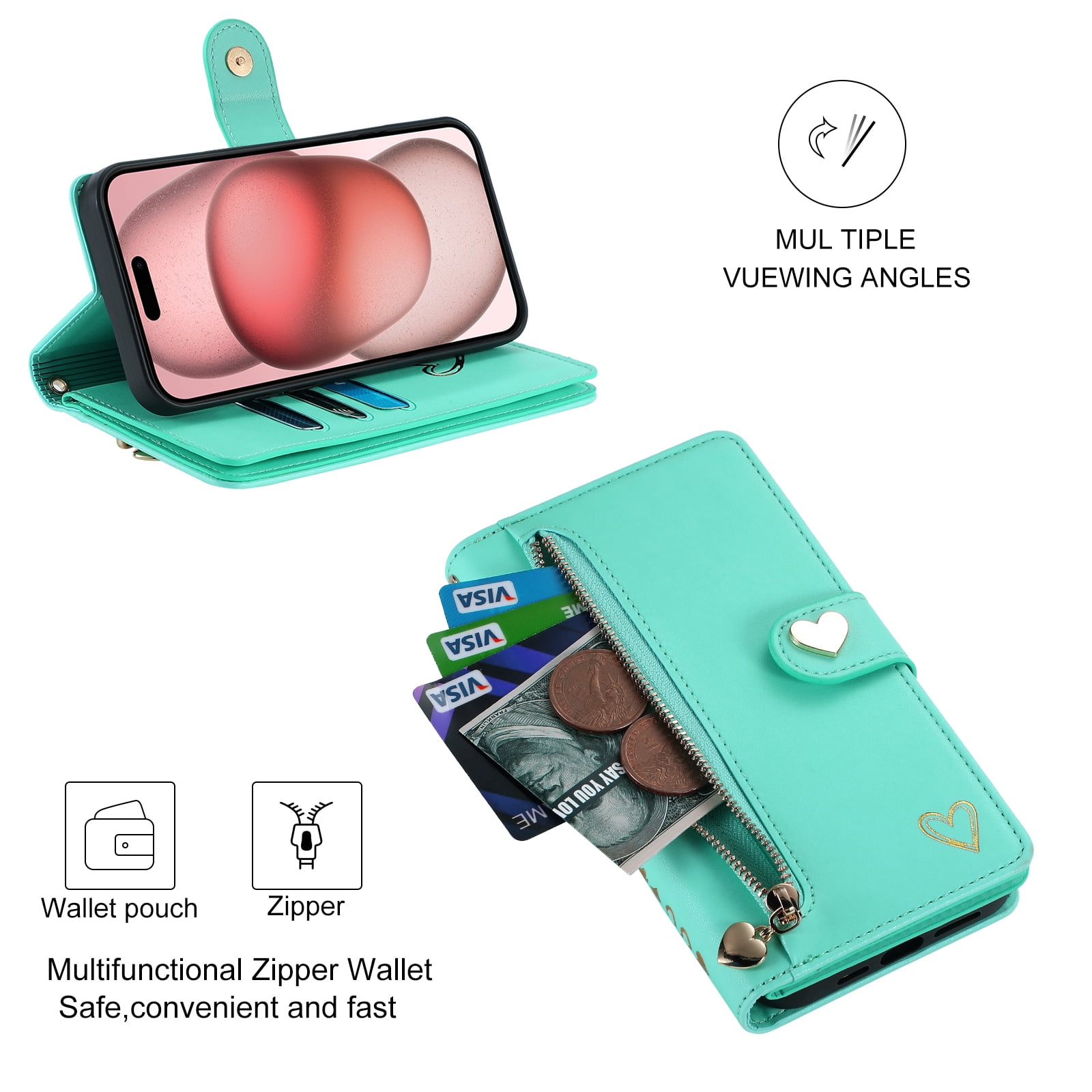 Case for Tecno Spark 5 Pro Wallet phone case with zipper pocket, wrist strap, flip cover and built-in card slots.