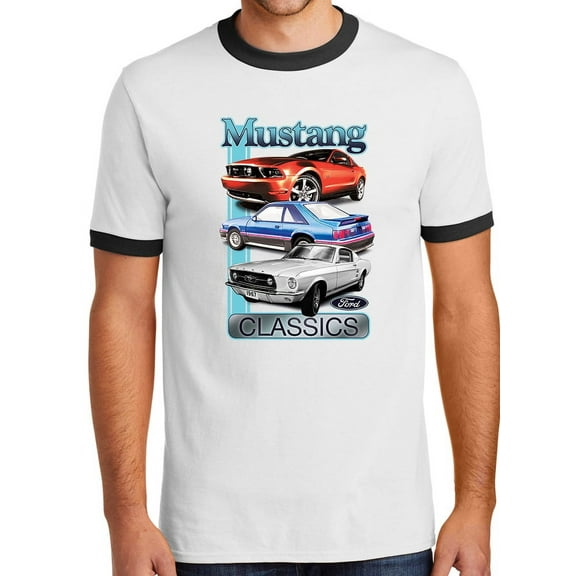 Mens Ford Mustang Classics 100% Cotton Ringer Tee Shirt, Large White/Black