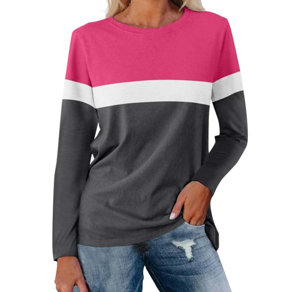 Long Sleeve Shirts For Women Color Block Tunic Tops Casual Shirts Round Neck Pullover Womens Long Sleeve Tops