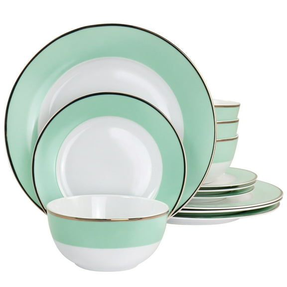 Martha Stewart Gold Rimmed 12 Piece Fine Ceramic Dinnerware Set in Mint - 12 Piece