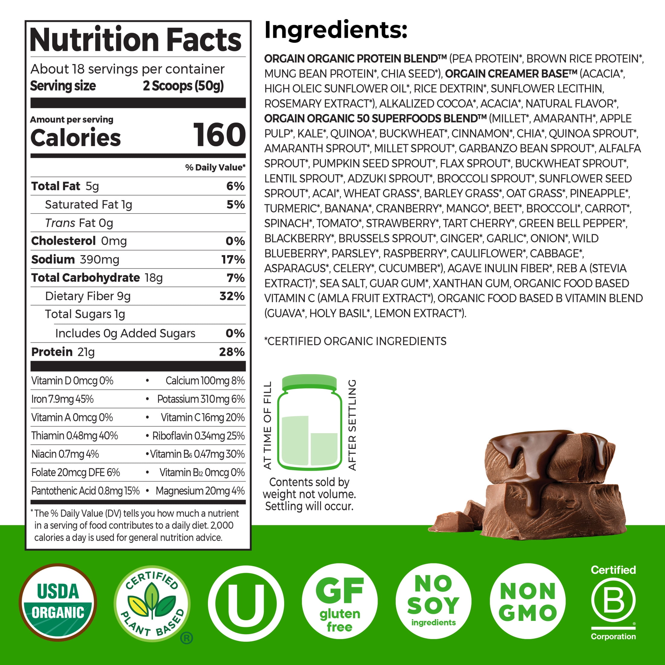 Orgain Organic Vegan 21g Protein + 50 Superfoods Powder, Plant Based Shake Drink, Chocolate 2.02lb