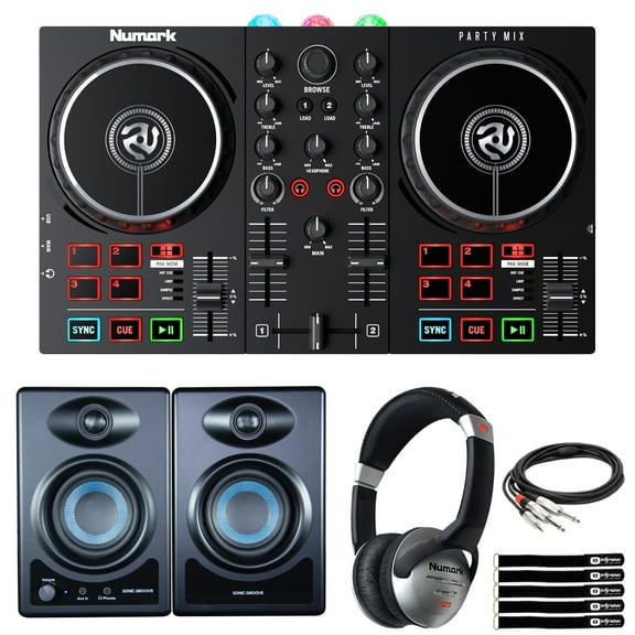 Numark Party Mix II DJ Controller with Built-in Lightshow & Powered Studio Monitors DJ Package