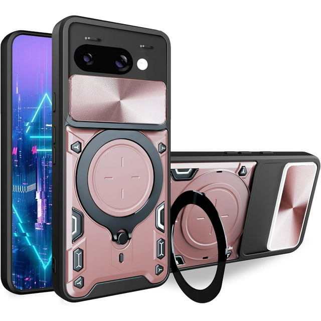 KOMI for Google Pixel 9A Case with Magnetic Ring Kickstand, Lens Protection Shockproof Stand Case with Slide Camera Cover for Pixel 9A Rose Gold