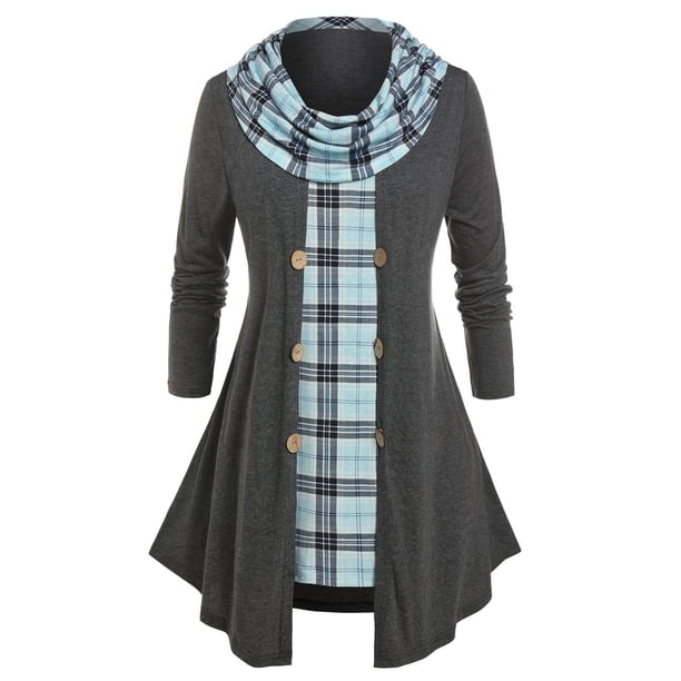 Camiseta Talla Extra a Cuadros Cuello Vuelto Rosegal Mangas largas de talla grande