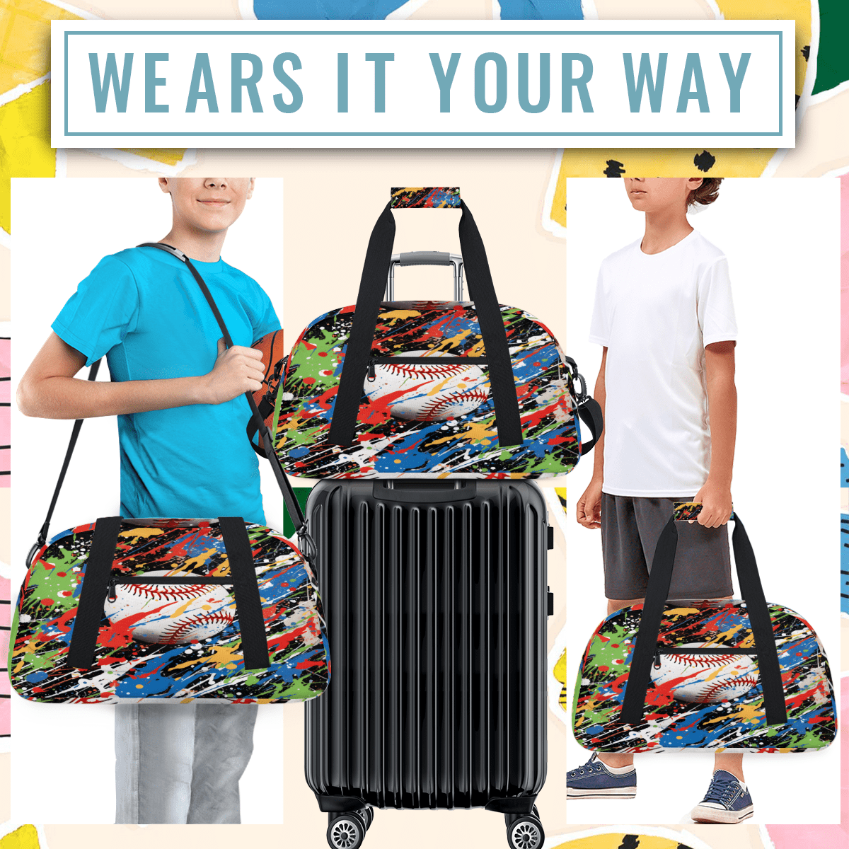 Herdesigns Graffiti Baseball Sports Duffle Bag for Women & Men, Softball Sports Gym Bag Dance Bag Overnight Bag Carry On Weekender Travel Bag
