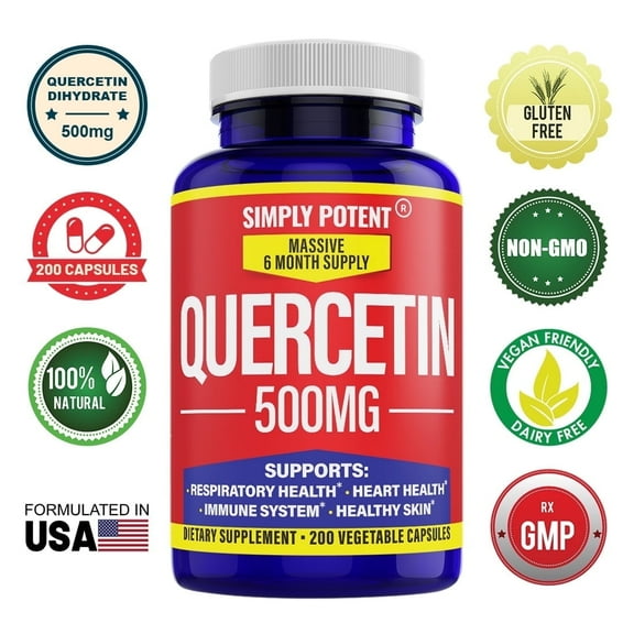Simply Potents Quercetin 500mg 200 Veggie Capsules Supports Cardiovascular & Respiratory Health Antioxidant