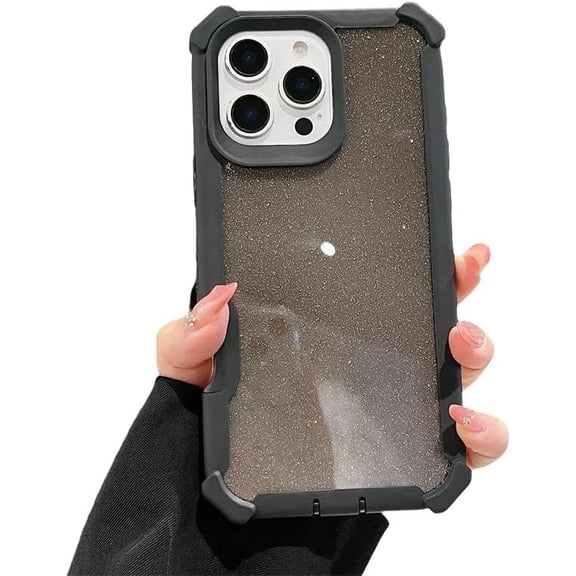 Four Corners Shockproof Bling Glitter Phone Case for iPhone (Black,iPhone 16 Pro)