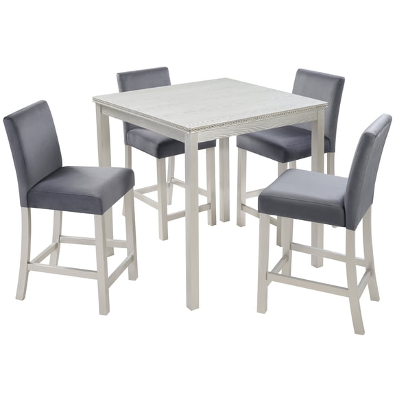 5 Piece Counter Height Table Set, Wooden Kitchen Table Set with Square Table and 4 Upholstered Chairs, Counter Height Dining Table with Crystal Decoration and Chair Set, Silver grey