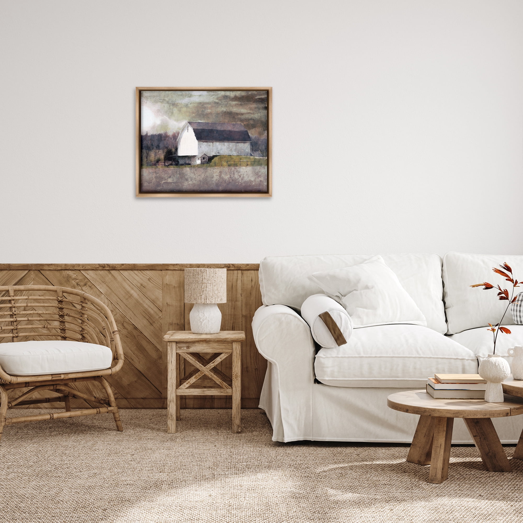 Stupell Industries Stormy Sky Country Farm Barn Landscape Painting Brown Floater Framed Canvas Art Print Wall Art, 31 x 25