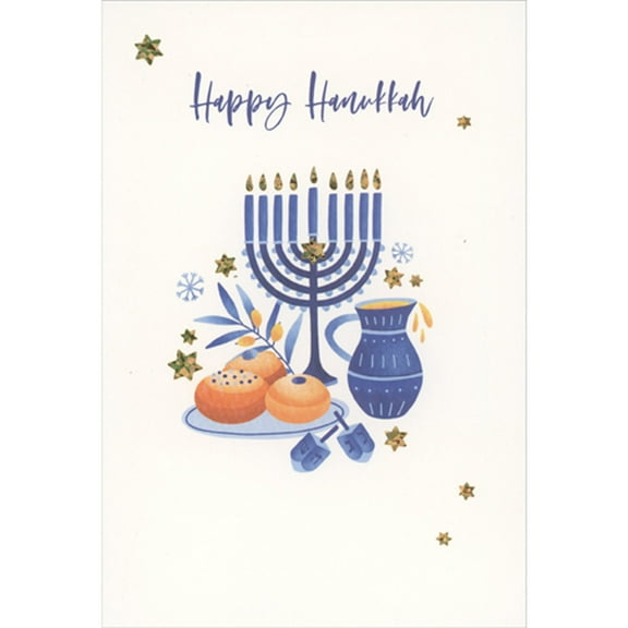Pictura Blue Menorah, Dreidel, Jug and Pastries with Gold Foil Stars Hanukkah Card