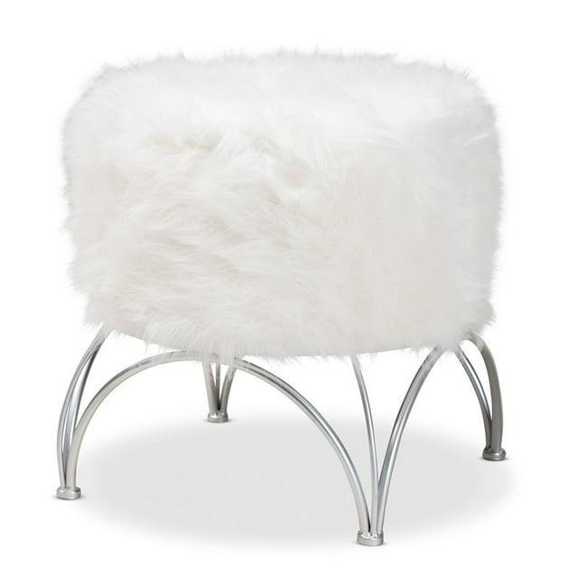 Baxton Studio Celia Ottoman en Fausse Fourrure Argentée Blanche