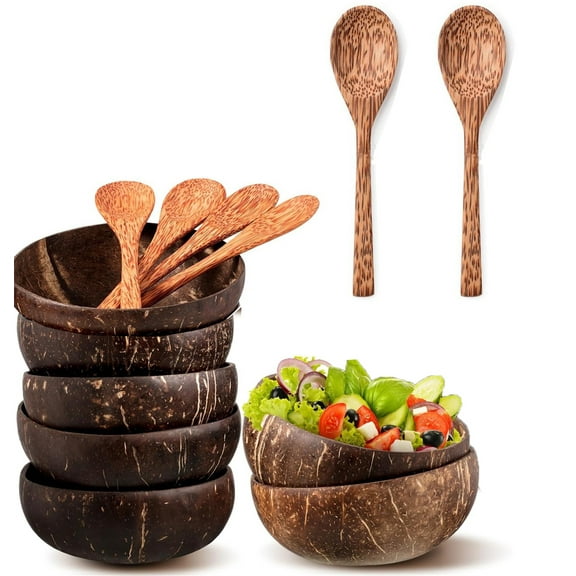 Natural Coconut Bowls and Spoon,Happon 6 Set Coconut Bowls and Spoon,Smoothie Bowls and Spoons,Handmade Coconut Bowls for Vegan Gifts Kitchen Serving