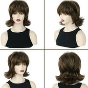 QUEENTAS Mullet Wig Short Brown Wigs for Women Synthetic Brown Wig with Bangs Mix Blonde Highlights