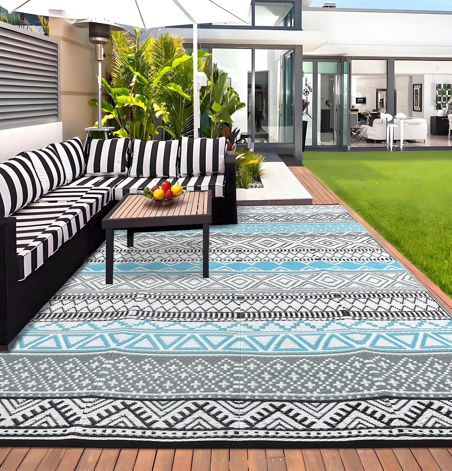 Waterproof Outdoor Rug Modern Patio Plastic Straw, Stain-Resistant Reversible RV Mat, Geometric Indoor Outdoor Carpet for Patio Camping Backyard Deck Garden