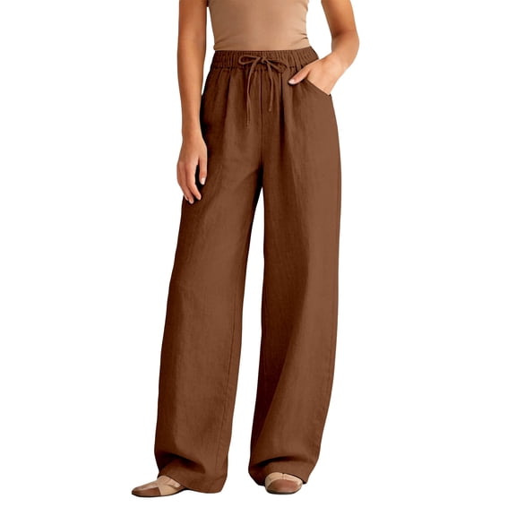 ANINEO Women Casual Wide Leg Pants Elastic Waist With Drawstring Summer Loose Fit Cropped Trousers Linen Fabric Solid Color Trendy Daily Female Slacks